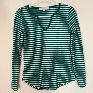 Loft Split Neck Waffle Knit T Shirt Sz XS Green White Stripes Holiday Cabincore